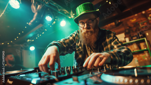 St Patrick's Day Dj party concept, beard Irish man wearing Leprechaun costume and working on music equipment on glowing celebration background. photo