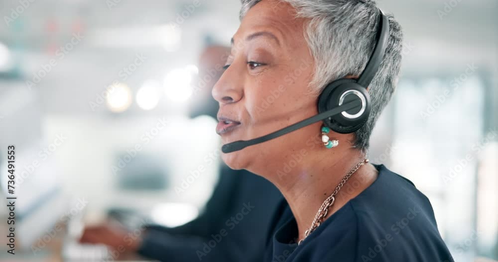 Call center, woman and happy with consulting and telemarketing with customer service and headset. Communication, mature person and helpdesk operator with discussion, microphone or crm support at work