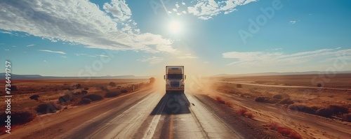 Spacious road in the Australian outback with a massive semitruck traversing. Concept Australian Outback, Spacious Road, Massive Semitruck, Road Trip, Adventure photo