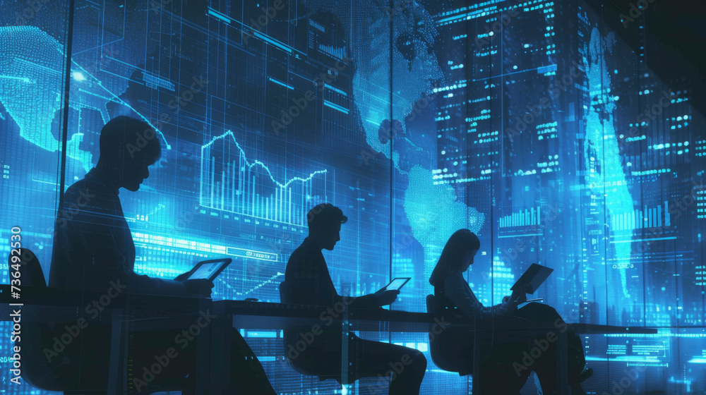 A team of professionals is intently analyzing digital data on futuristic transparent screens in a high-tech corporate environment. A team of professionals is intently analyzing digital data on futuristic transparent screens in a high-tech corporate environment.