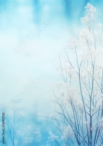 Winter background with frosty plants and trees. Generative AI.