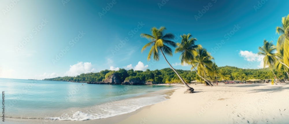 A beautiful beach with palm trees and a clear blue sky. Generative AI.