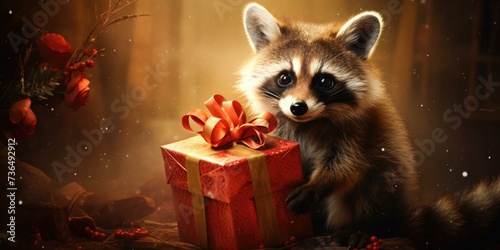 A raccoon holding a gift box with a red bow. Generative AI. © serg3d