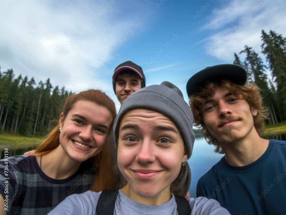 Four young people taking a selfie in front of a lake. Generative AI. Four young people taking a selfie in front of a lake. Generative AI.