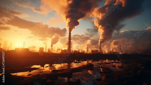 Anoitecer industrial com emissões poluentes refletindo na água photo