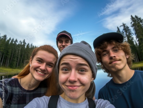 Four young people taking a selfie in front of a lake. Generative AI.