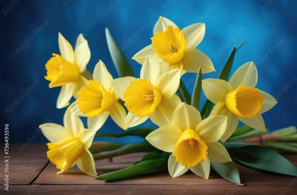 Naklejka premium mothers Day, international Womens Day, St. Davids Day, bouquet of yellow daffodils, spring flowers, blue background, wooden table
