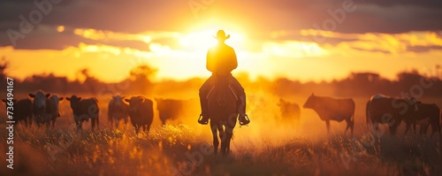 Scenic Australian Outback: A Man on Horse Herds Cattle at Sunset. Concept Sunset in the Outback, Australian Cattle Herding, Horseback Photography, Scenic Landscapes, Rustic Lifestyle photo