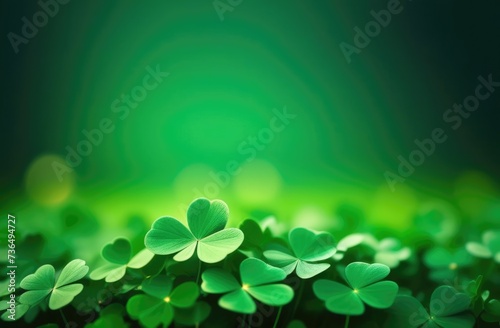 St. Patrick s Day  abstract green background  bokeh effect  golden glow  background with clover leaves  place for text  Irish shamrock