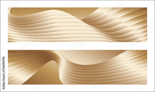 Wavy golden parallel gradient lines, ribbons, silk. Golden with shades of yellow background, banner, poster. Set of 2 backgrounds. Eps vector