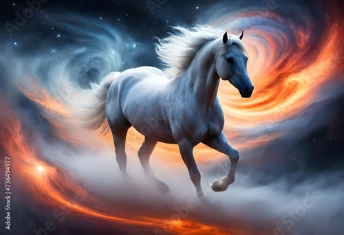 A ghostly horse  its form composed of swirling mist  gallops through a celestial landscape