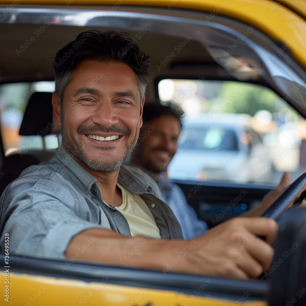 A cheerful man radiates joy from behind the wheel of his bright yellow car, his smile contagious as he enjoys the freedom of the open road A cheerful man radiates joy from behind the wheel of his bright yellow car, his smile contagious as he enjoys the freedom of the open road