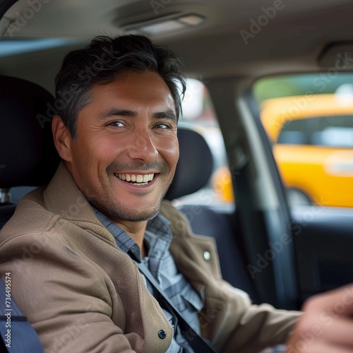 A joyful man sits comfortably in his car, his smiling face framed by the head restraint as he prepares to embark on a journey in the great outdoors