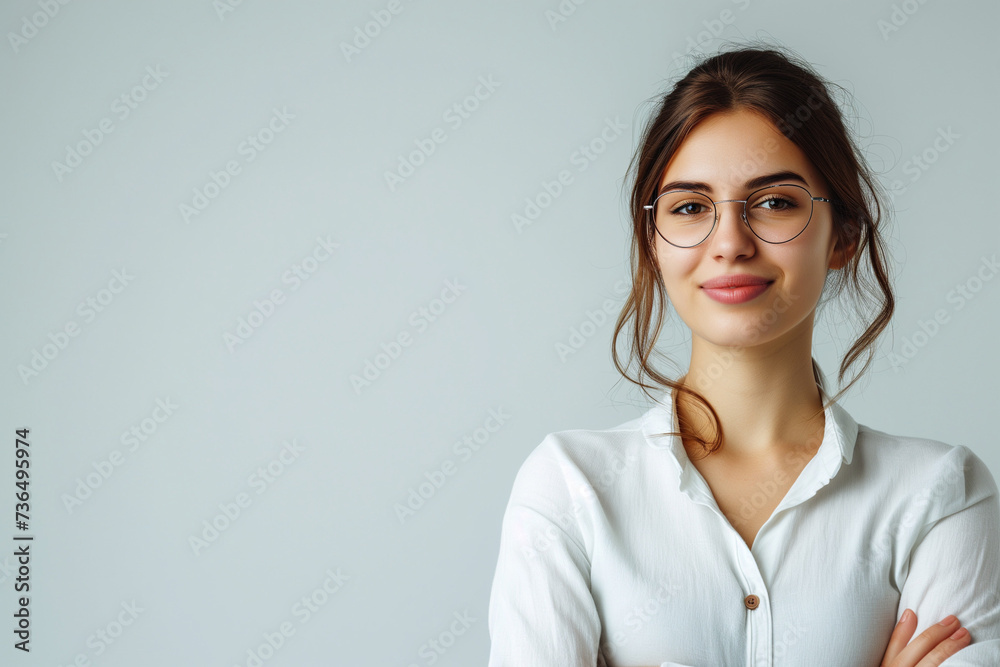 Copy space of a young entrepreneurial businesswoman, white background and white shirt for an excellent and confident successful worker Copy space of a young entrepreneurial businesswoman, white background and white shirt for an excellent and confident successful worker
