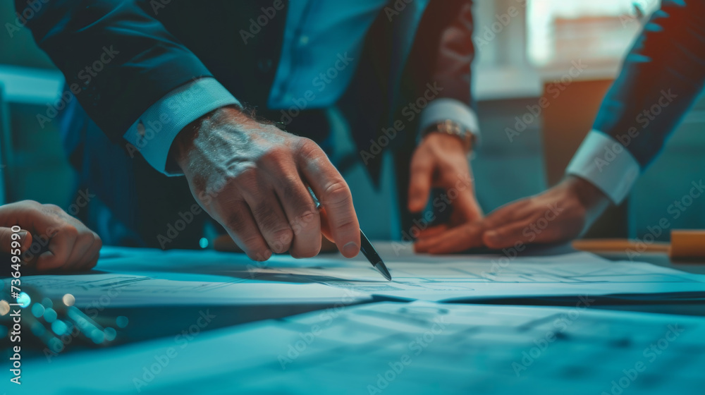 An architect is engrossed in refining a blueprint on a well-lit drafting table.