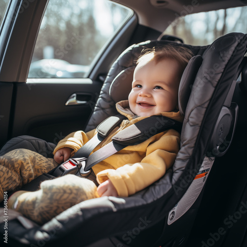 Little child smiling in the car sitting in a child's car seat.