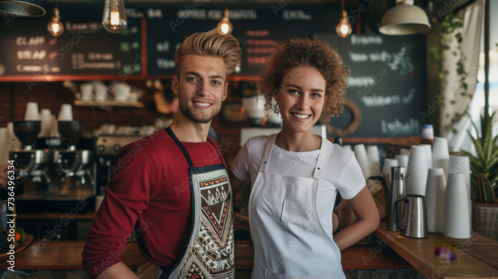 Two baristas, a man and a woman, are smiling and posing together in a warmly lit coffee shop with coffee machines and a menu board in the background.