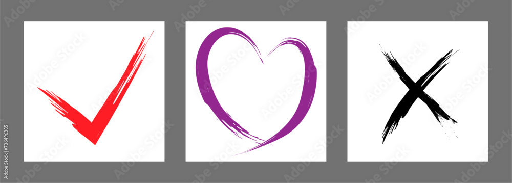 The cross, heart and OK symbol are hand-drawn with a brush. Prohibition, denial, error. Love. Approval, consent. Vector, set of 3 characters The cross, heart and OK symbol are hand-drawn with a brush. Prohibition, denial, error. Love. Approval, consent. Vector, set of 3 characters