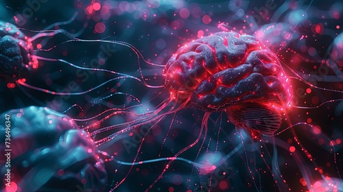 Human brain with glowing neurons and nervous system.