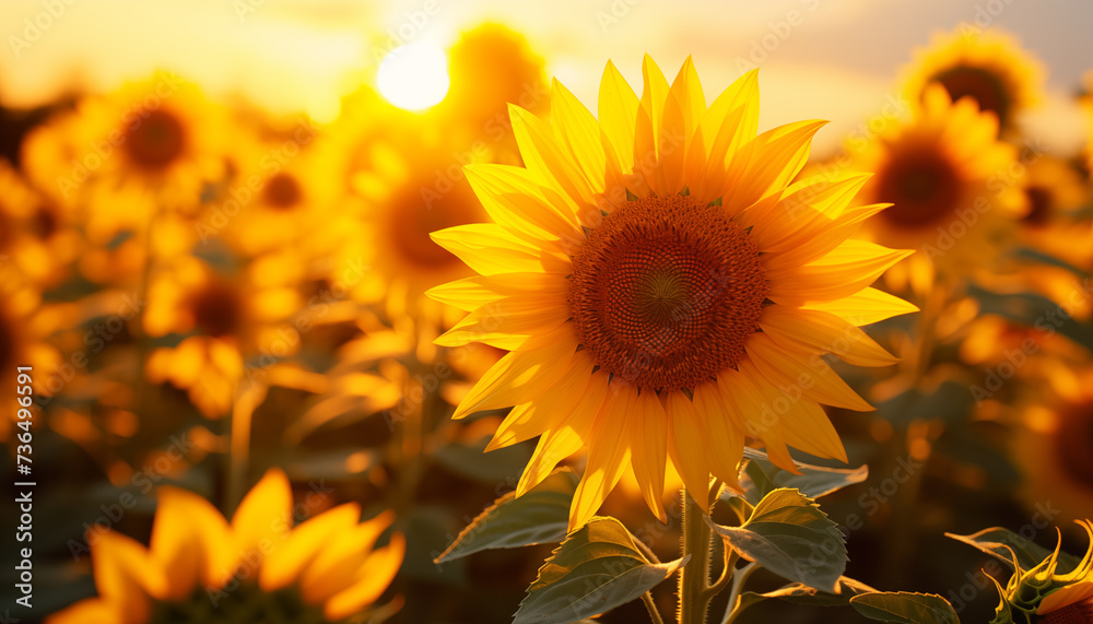 Obraz premium sunflower in sunlight against the background of a sunflower field. summer day background with ripe sunflower. 