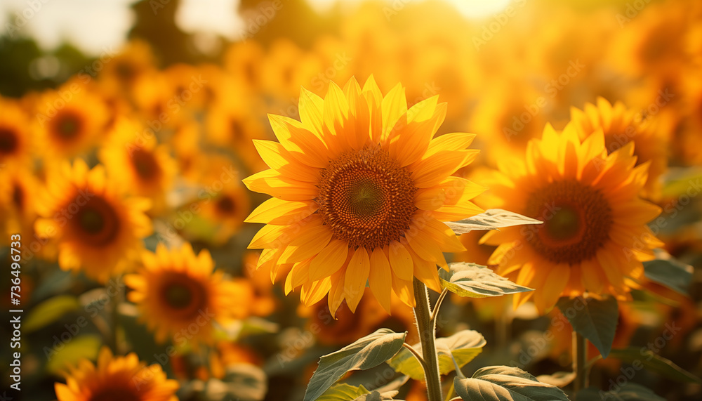sunflower in sunlight against the background of a sunflower field. summer day background with ripe sunflower. sunflower in sunlight against the background of a sunflower field. summer day background with ripe sunflower.