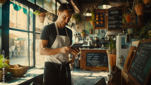 A male cafe worker is using a tablet with a smile inside a well-lit coffee shop, surrounded by various coffee shop elements.