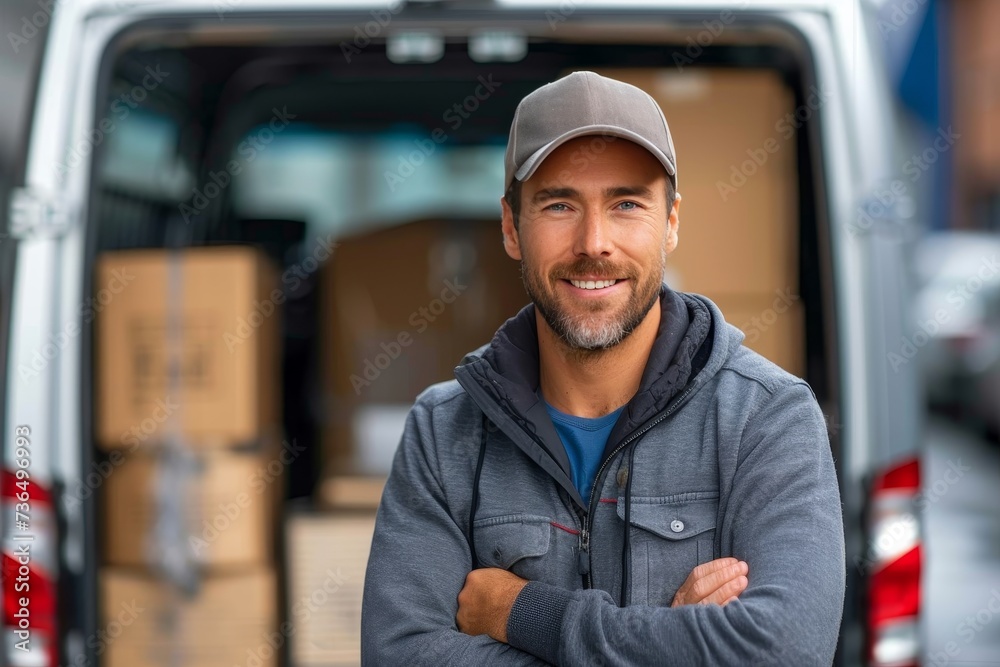 A cheerful man sporting a cap and jacket confidently stands on a bustling street, his warm smile reflecting in the shiny car parked behind him A cheerful man sporting a cap and jacket confidently stands on a bustling street, his warm smile reflecting in the shiny car parked behind him