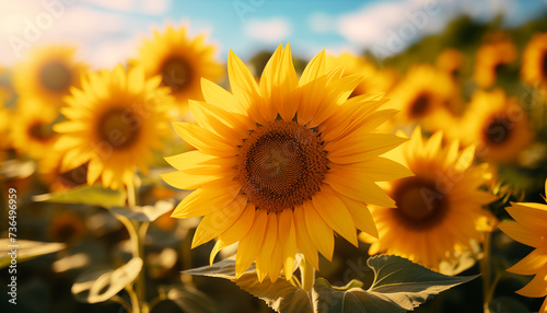 sunflower in sunlight against the background of a sunflower field. summer day background with ripe sunflower. 