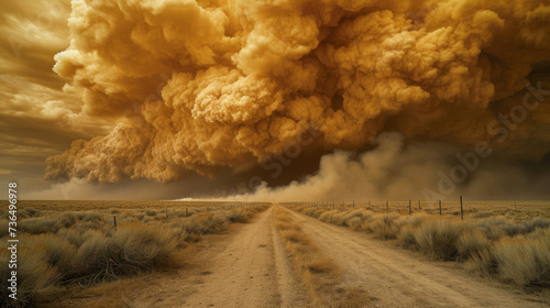 Huge dust storm over farmland, dim yellow light photo