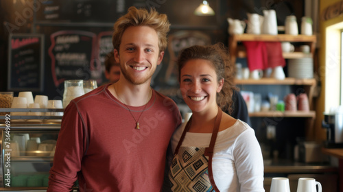Two baristas, a man and a woman, are smiling and posing together in a warmly lit coffee shop with coffee machines and a menu board in the background.
