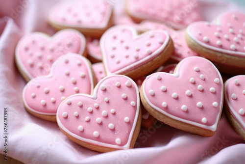 Attractive Pink colorful heart cookies. Sugar sweet dessert romantic pastry. Generate Ai
