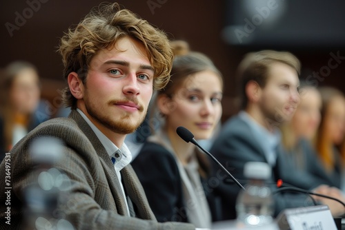 A man and woman sit poised at a table, their faces lit with excitement as they listen intently to the sound of the microphone in an indoor event filled with people dressed in their finest clothing © Pinklife