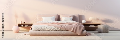Double bed isolated against a white wall, pastel pink pillows and bedding, banner © serz72