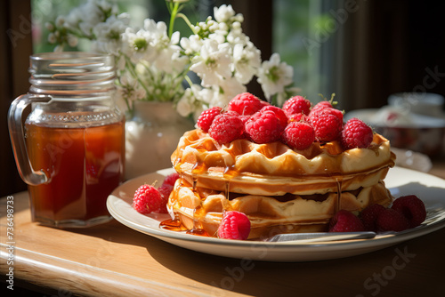 Fresh Belgium waffles topped with maple syrup and fresh berries.