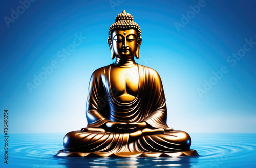 Songkran  Thai New Year  bronze Buddha statue in water  sacred deity  drops and splashes  blue background