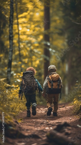 Children with backpacks walking through the forest, school camping trip in the forest