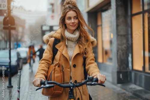 A stylish woman braves the chilly city streets on her bicycle, her hair blowing in the wind as she navigates through the buildings and cars with confidence and grace