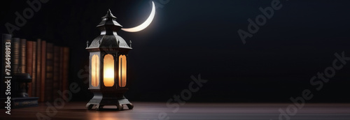 Laylat al-Qadr, Eid al-Fitr, holy month of Ramadan,lunar month, Arab lantern fanus, glow and stars,old books, magical atmosphere, dark background, horizontal banner, place for text