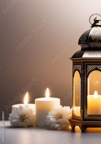 Eid al-Fitr, holy month of Ramadan, Laylat al-Qadr, Arab lantern fanus, candles, white flowers, pastel shades, light background, vertical banner, place for text