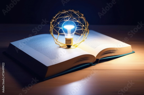 World Intellectual Property Day, a burning light bulb on an open book, idea search, thinking and creative concept, gaining knowledge, self-learning, neural connections, dark background