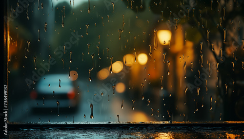 window covered with raindrops against a background of a blurred street.