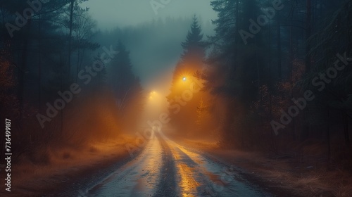 A foggy night in the woods with a street light illuminating the asphalt road, creating a mysterious atmosphere under the cloudy sky