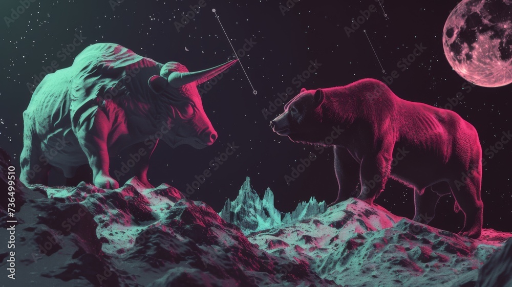 Epic cosmic scene of bull and bear engaged in starlit standoff - ideal for finance and astrology themes - obrazy, fototapety, plakaty 