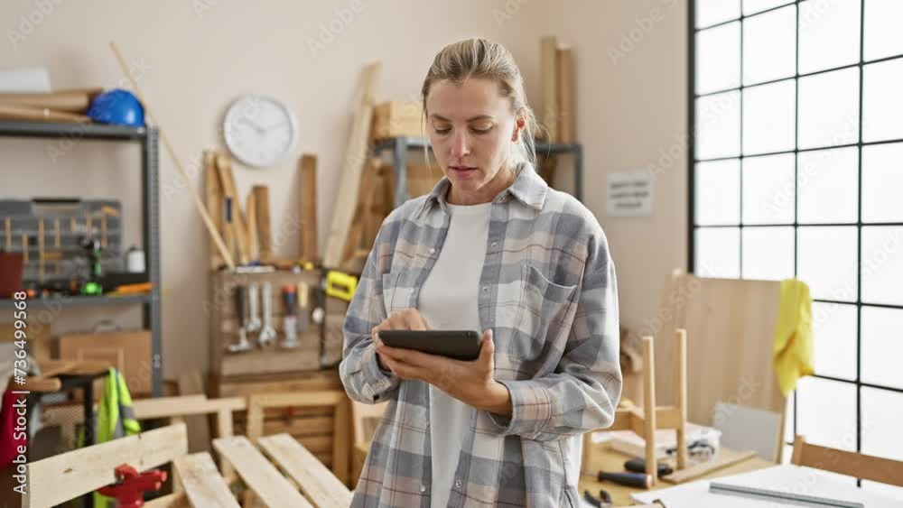 A focused woman using a tablet in a well-lit carpentry workshop surrounded by woodworking tools and materials. A focused woman using a tablet in a well-lit carpentry workshop surrounded by woodworking tools and materials.