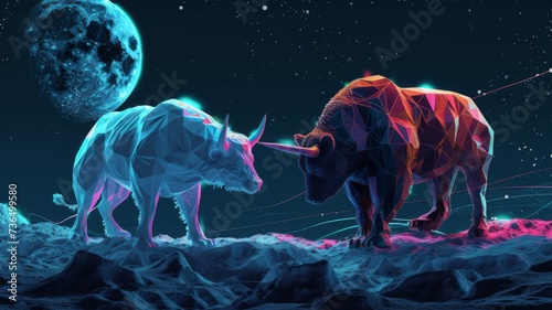 Bull and bear lock horns under a neon moon, a vibrant depiction of market volatility © Tida