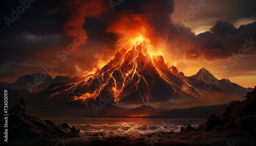 eruption. fiery lava erupts from a volcano with fire. photo