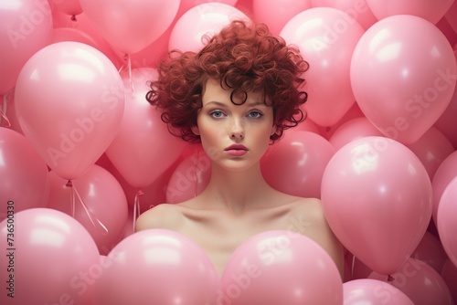 Whimsical Lady with pink balloons background. Studio woman event with party looking. Generate AI