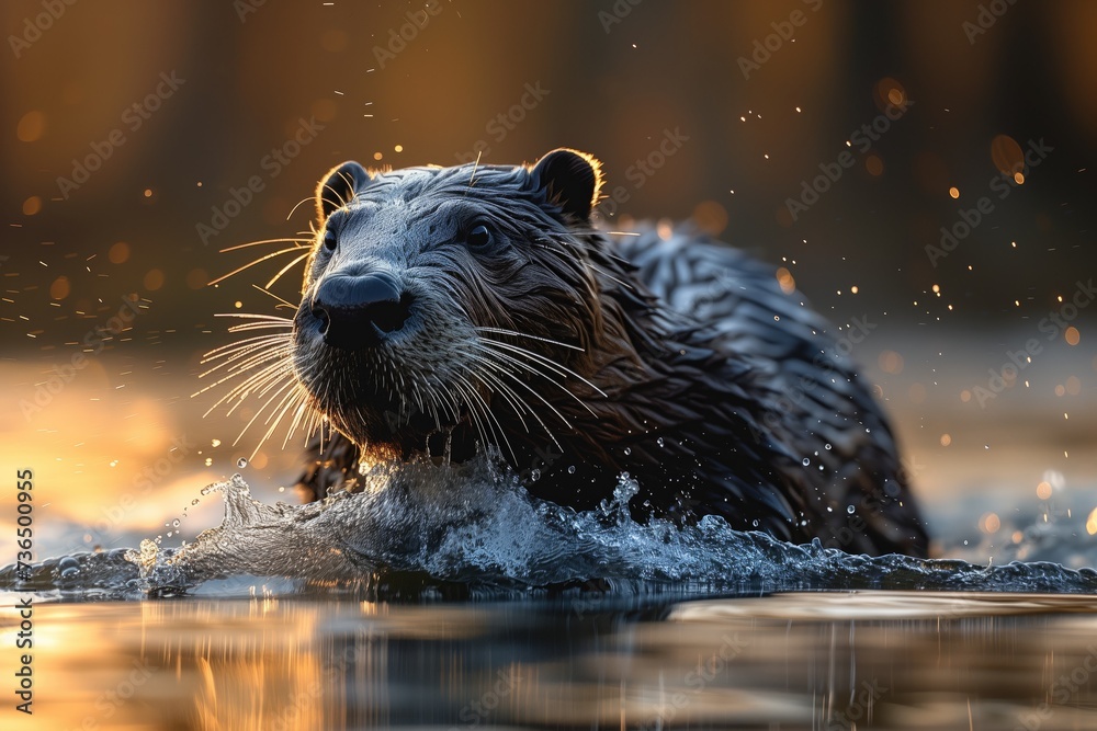 beaver swimming in the river splashing water, golden hour Stock Photo ...