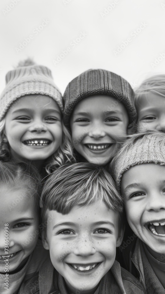 Black and white photo of smiling happy children looking at the camera, happy carefree childhood Black and white photo of smiling happy children looking at the camera, happy carefree childhood