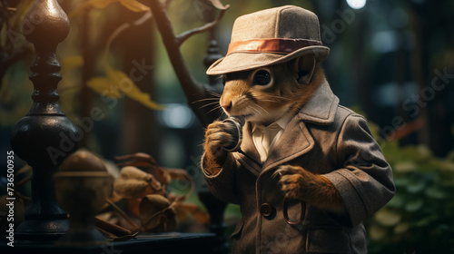 Anthropomorphic Squirrel Detective Dressed in a Trench Coat and Hat. Generative AI.
